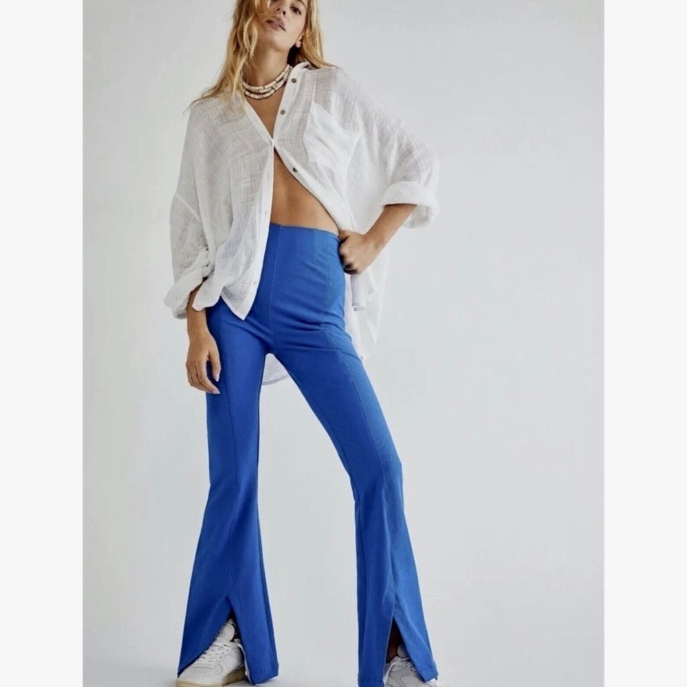 NWT! FREE PEOPLE Real Deal Split Flare Pants Blue High Rise Waist Stretch Medium